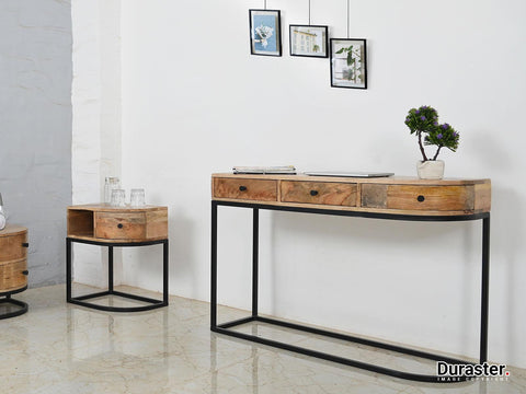 Verge Solid Mango wood 3 Drawer Iron Frame Console Table - Duraster 